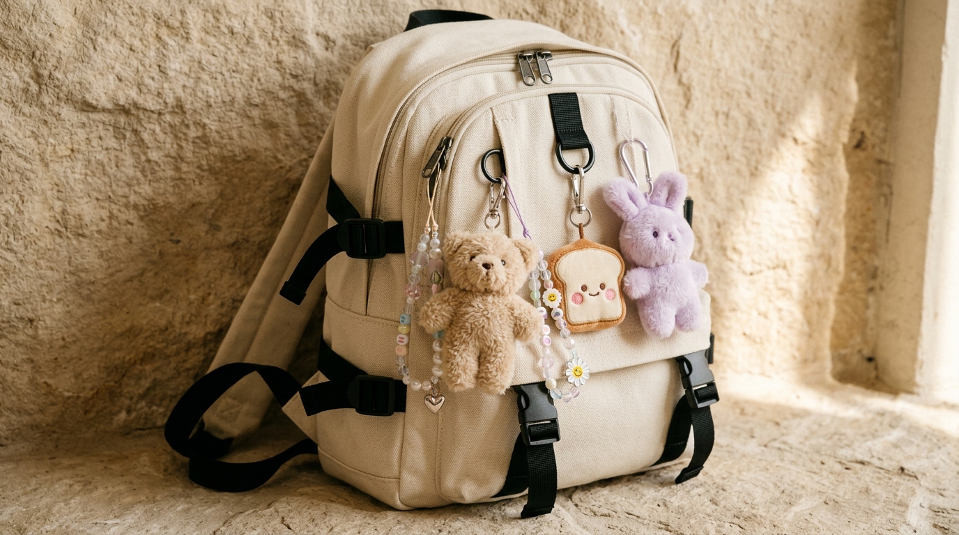 Plushie keyring charms clipped onto a minimalist canvas backpack in Seongsu-dong