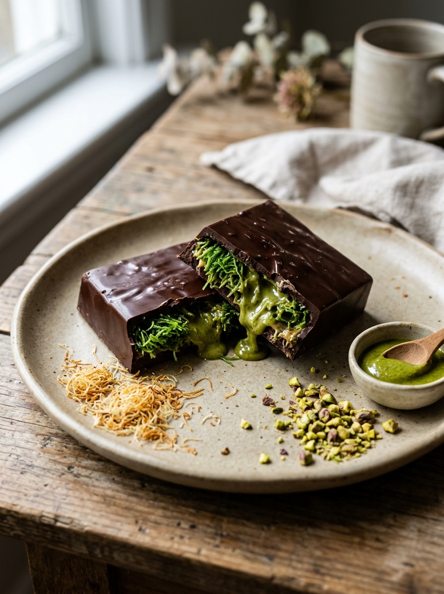 Thick Dubai pistachio kataifi chocolate bar snapped in half showing green crunchy filling