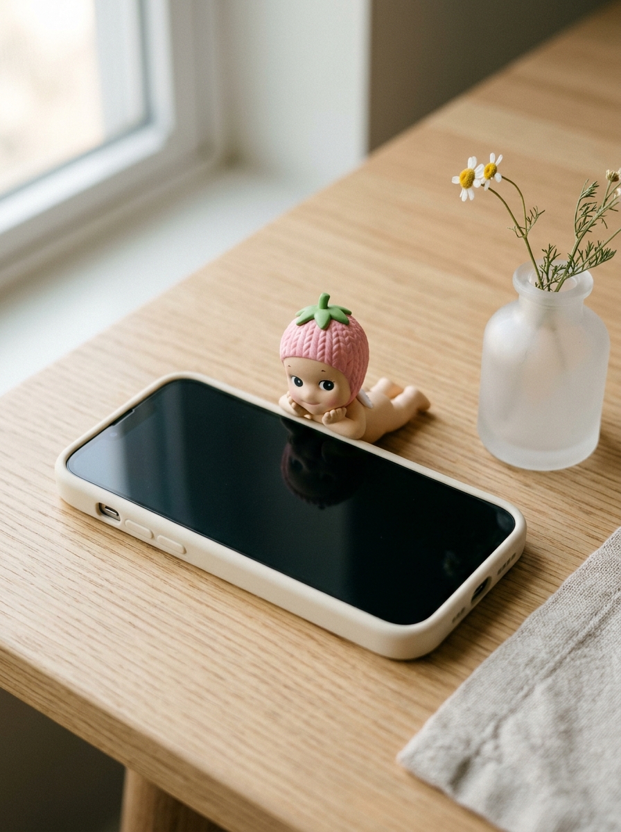Miniature Sonny Angel Hippers cherub figure peeking over the top edge of a smartphone