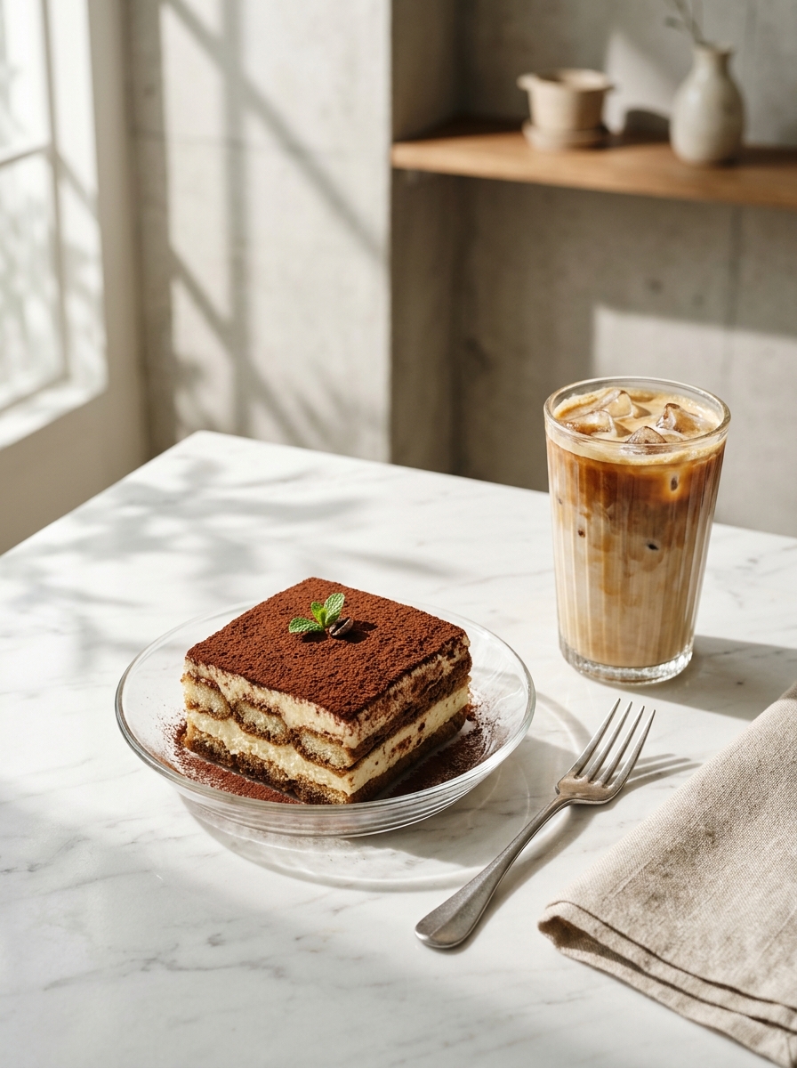 Classic cafe tiramisu cake dusted with cocoa powder alongside an iced latte