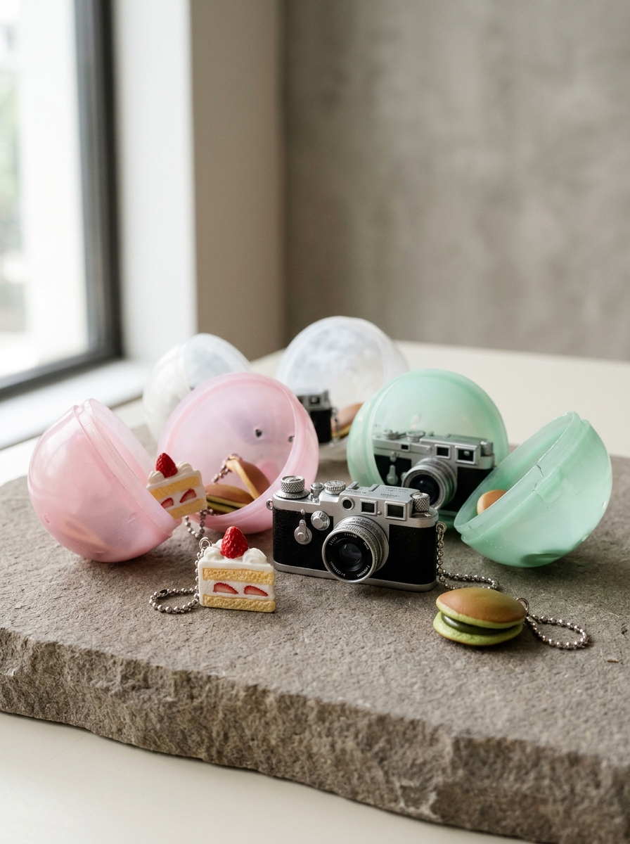 Opened pastel Gashapon capsules revealing miniature retro cameras and Japanese snack charms