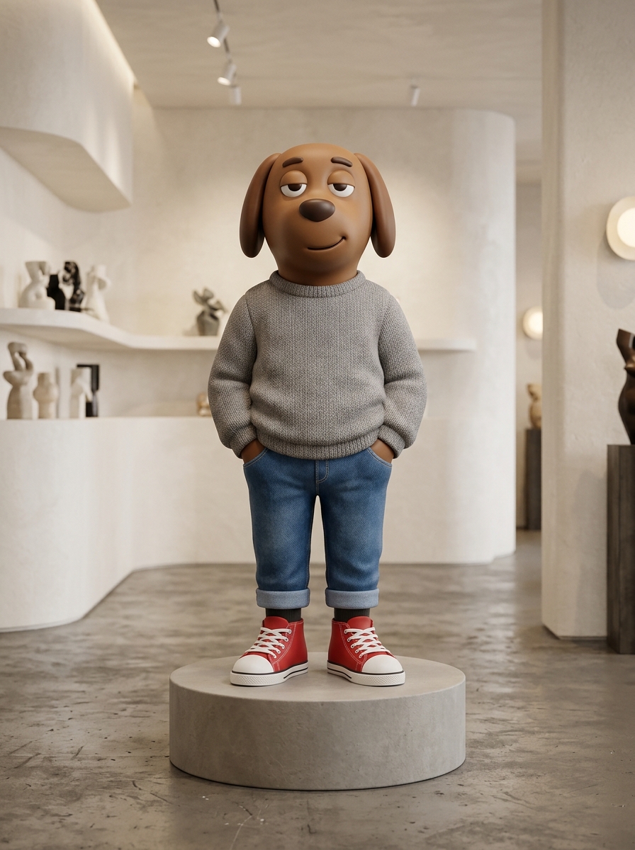 Chill Guy character in grey sweater, rolled-up jeans, and red sneakers with hands in pockets