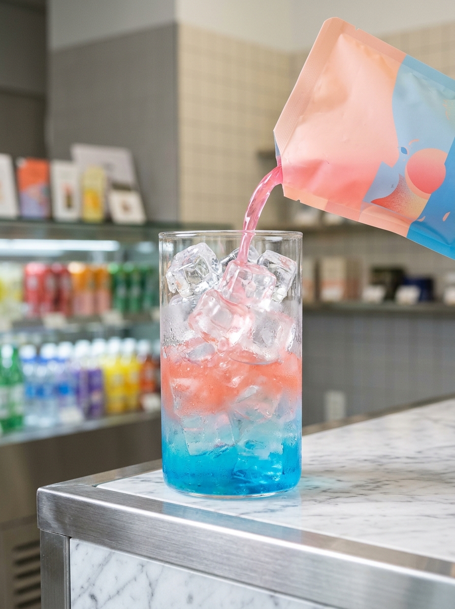 Korean convenience store colorful pouch drink being poured into a crystal ice cup