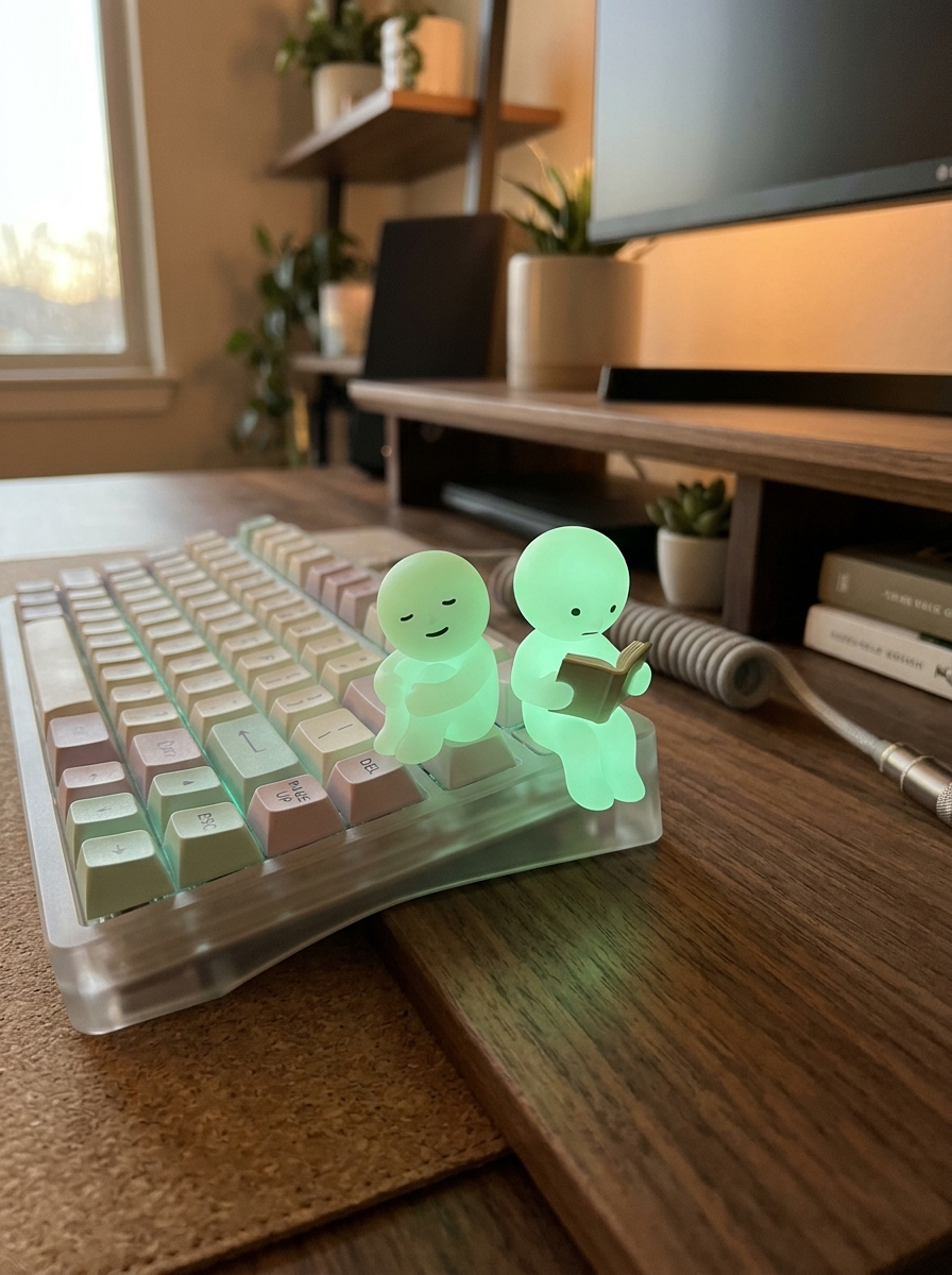 Glow-in-the-dark green Smiski figurines sitting on a desk corner beside a keyboard